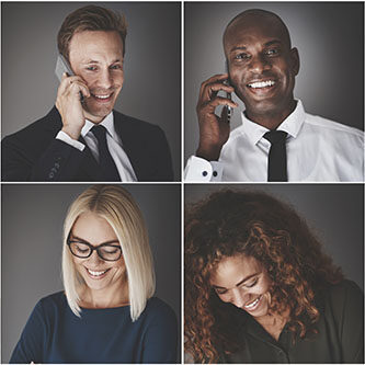 Collage of an ethnically diverse group of businessmen and businesswomen smiling confidently or talking on their cellphones